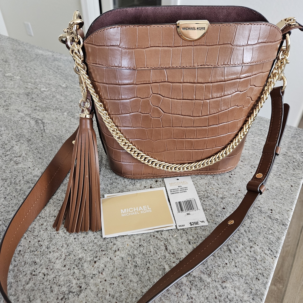 Michael Kors Tan Croc-Embossed Bucket Shoulder Leather New